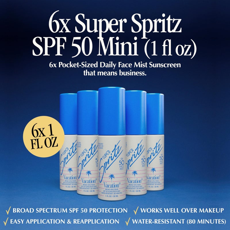 Vacation Mini Super Spritz SPF 50, Water-Resistant, Daily Face Sunscreen Spray, Mini Setting Spray, Non-Comedogenic, Vegan, Travel Size, 1 Fl. Oz. (Value Pack of 6) - Image 2