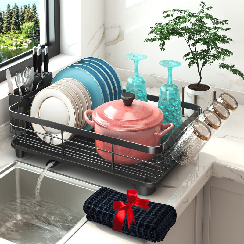 Godboat Dish Drying Rack Dish Rack with AutoDrain Mat Dish Drainers for Kitchen Counter Glass Organizer for 4 Cups 3 Slots Utensil HolderGifts for Women Mothers Day Kitchen Gadgets Decor