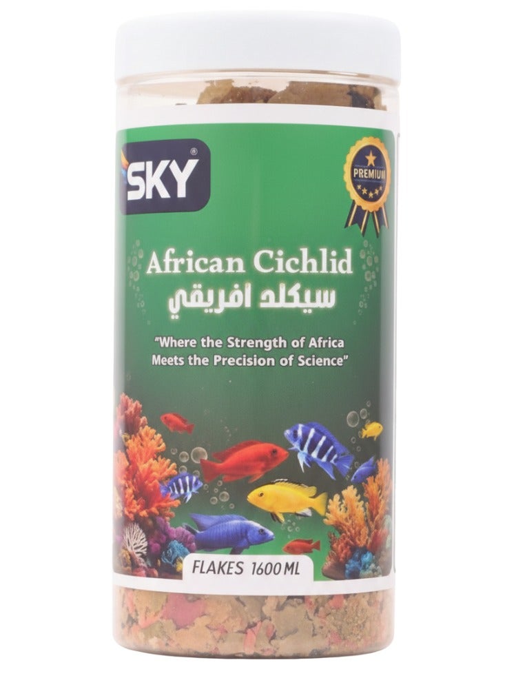 سكاي رقائق سكاي سيكليد افريقي 1600 مل - طعام قشور يومي لأسماك الملاوي والتنجانيقا، غني بالسبيرولينا لتعزيز الألوان الزرقاء والصفراء ودعم الهضم