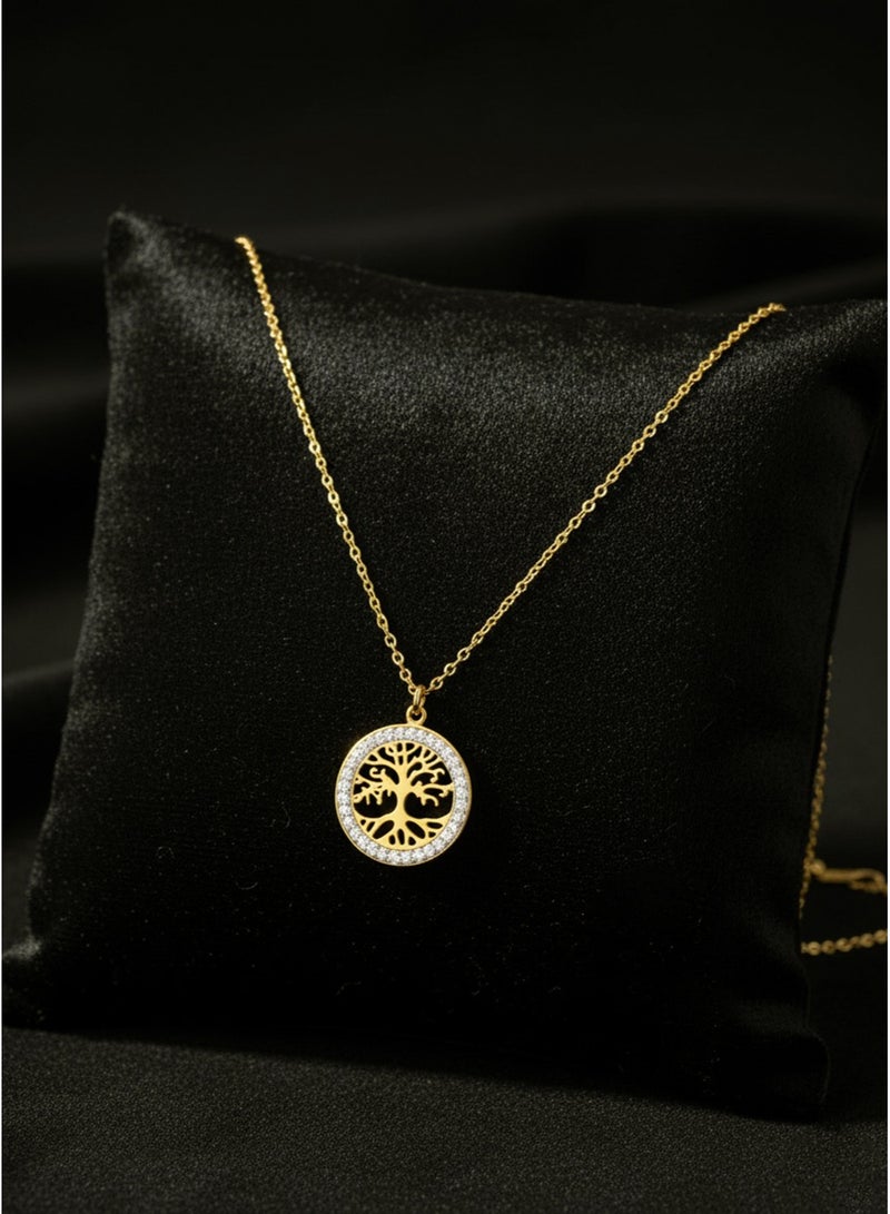 Julia Store A stylish and fashionable 18k gold-plated stainless steel tree pendant, tarnish-resistant, luxurious yet simple, exquisite and charming, shaped like a living tree, a round pendant adorned with rhinestones, a perfect jewelry gift. - Image 1