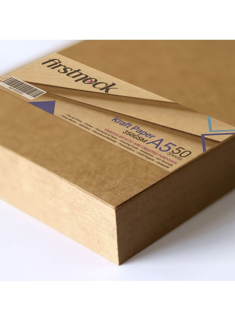 فيرستنوك ورق كرافت A5، وزن 350 غرام لكل متر مربع - 50 ورقة | ورق مقوى بني سميك للأعمال اليدوية، وبطاقات الهدايا، وبطاقات العمل، والطباعة، ومشاريع "اصنعها بنفسك" - Image 1
