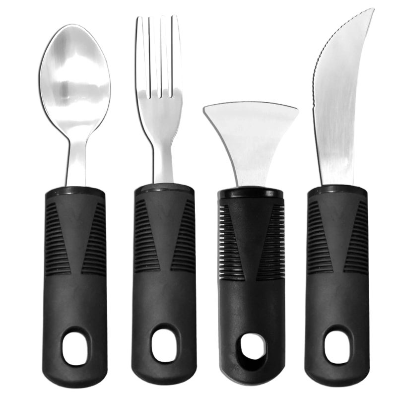 4 Pcs Adaptive Weighted Utensils Set With Anti Slip Rubber Grip For Hand Tremors Black - Image 2