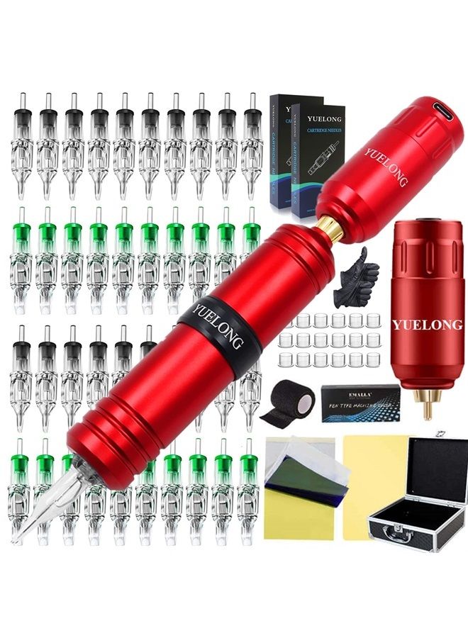 Yuelong New Machine Kit with Wireless Power Supply, 40Pcs Mix Needles Practice Skins Ink Caps Transfer Paper Machine Bags and Other Machine Parts Kit for Artists - Image 1