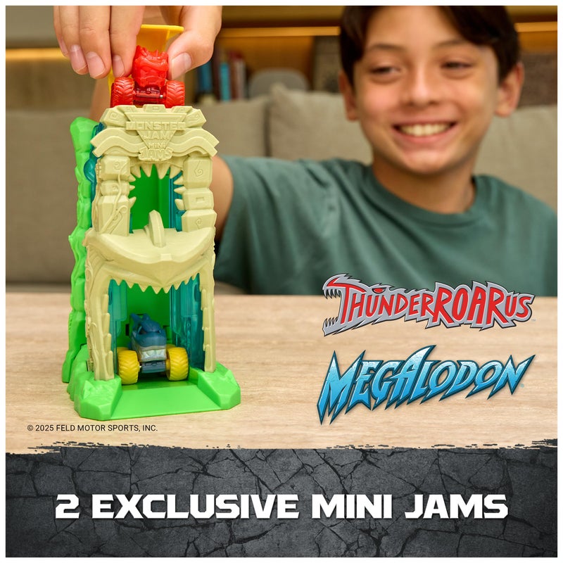 Monster Jam Mini Jams, Megalodon Jungle Blaster Launcher Playset, 2 Exclusive Die-Cast Monster Trucks & Accessory, Kids Toys for Boy and Girls Ages 3 and up - Image 3