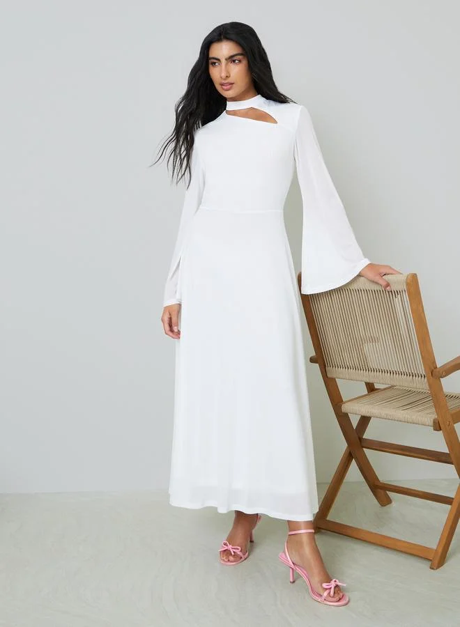 Styli Off White Bell Sleeve Cut-Out Detail A-Line Maxi Dress