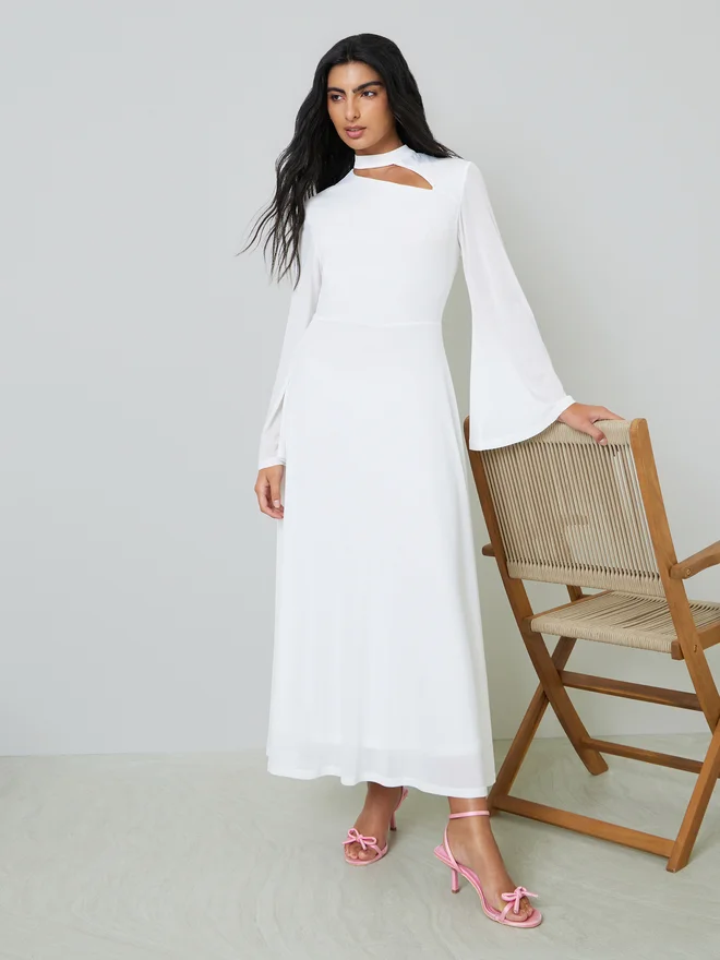 Styli Styli Off White Bell Sleeve Cut-Out Detail A-Line Maxi Dress