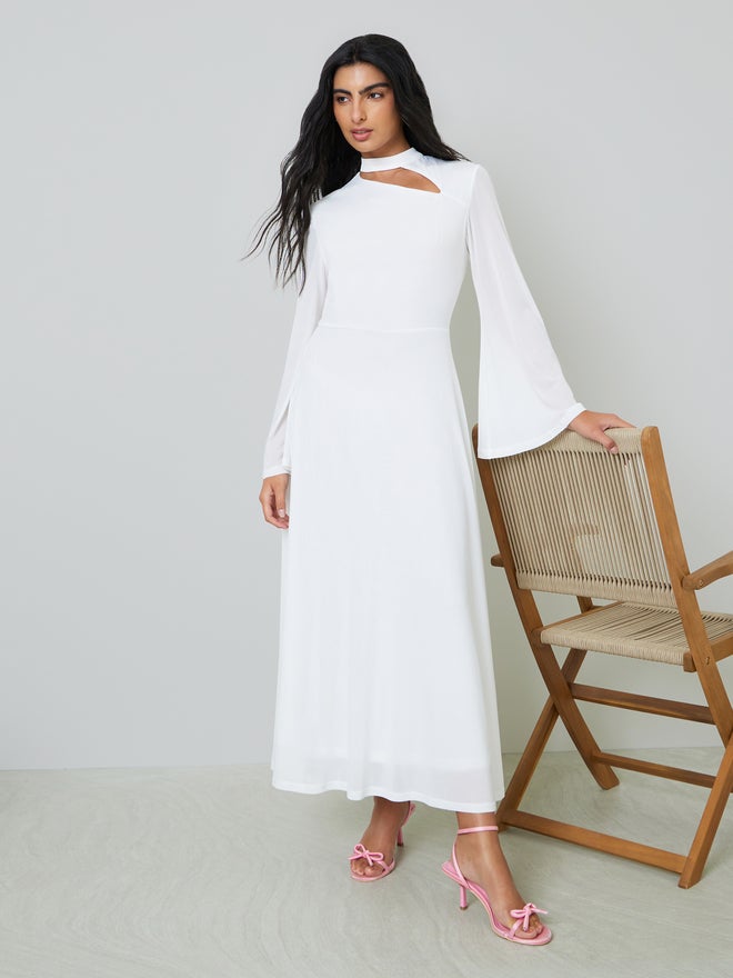 Styli Off White Bell Sleeve Cut-Out Detail A-Line Maxi Dress - Image 1