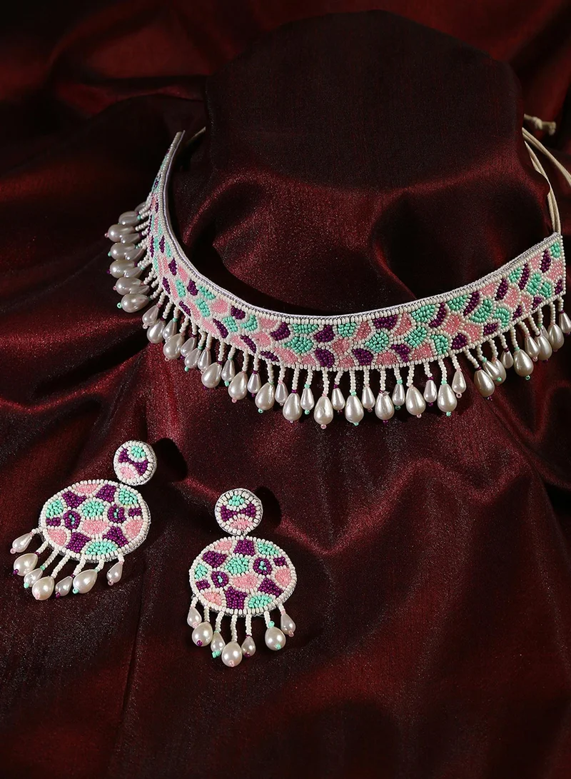 سوهي طقم مجوهرات صناعية مرصع بالخرز أبيض وأزرق