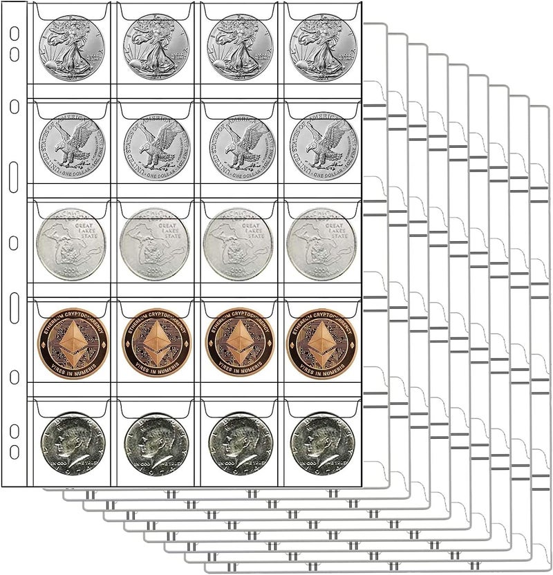 AITIME 20-Pocket Coin Pocket Sleeves, Stander 9-Holes Stamp Sleeves for Folder Binder, 10 Sheets Golden Silver Dollar Coin Storage Book Refills to Insert Coin Collection Holders for Collectors - Image 1