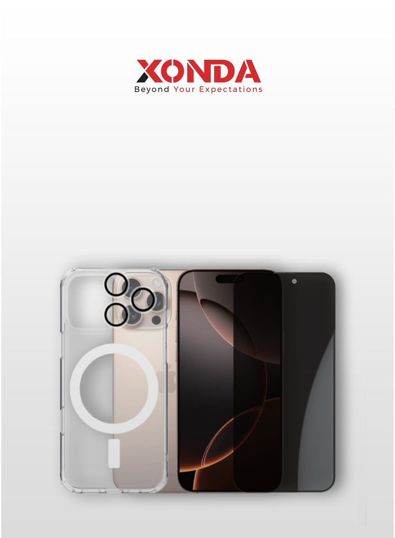 Xonda Elite 3-in-1 protection package for iphone 16  Pro Max - anti-yellowing transparent MagSafe cover, shatter-resistant privacy screen protection, high-definition camera lens protection. - Image 1