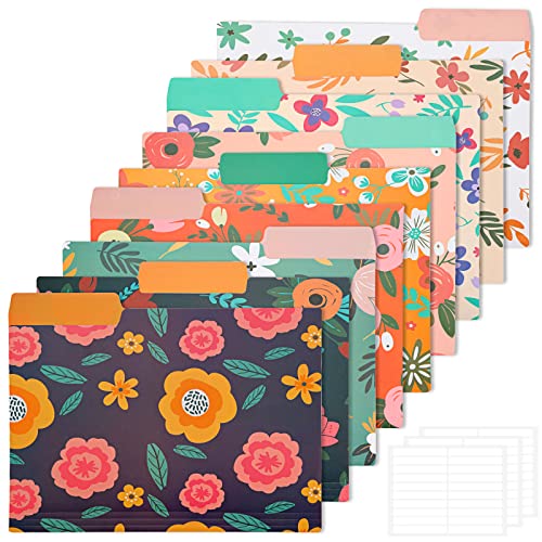 EOOUT 9pcs Decorative File Folders Letter Size, 1/3-Cut Tabs Plastic File Folders for Documents with Colorful Floral Patterns and Erasable Category Labels for Notes Office and School Supplies - Image 1