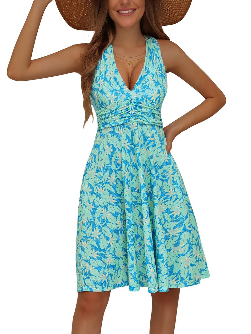 HUHOT Plus Size Dresses for Curvy Women Plus Size Summer Dresses Tropical Petite Sundress Curvy Sexy Beach Women Dress Hawaiian Blue Flroal Summer Halter Pocket A Line - Image 2