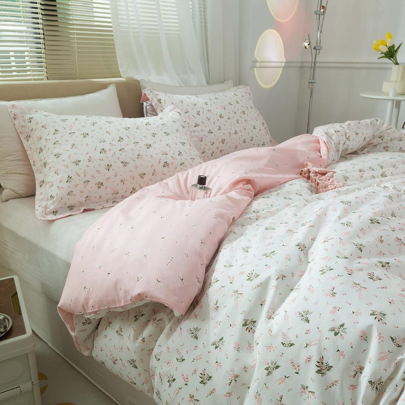 AMWAN Pink Floral Duvet Cover Twin XL Cotton Garden Bedding Sets Kids Girls White Comforter Aesthetic Botanical Vintage Flower Print with Zipper Ties - Image 3