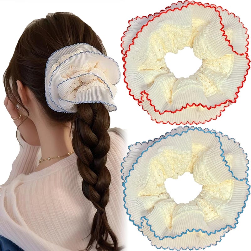 2Pcs Oversized Scrunchies Large Lace Scrunchies Double Layer Embroidery Fluffy Elastic Ponytail Holders Hair Style Accessories for Women Girls Red Blue
