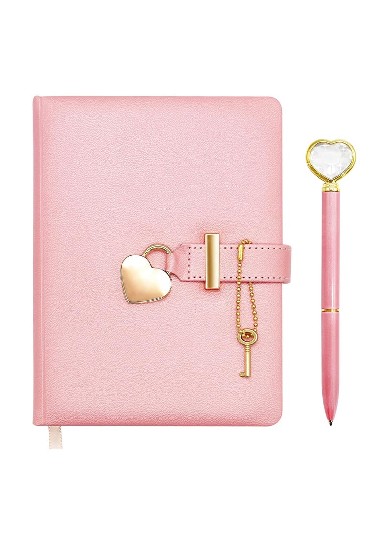 general Secret Diary with Lock, Heart Lock Diary with Key, PU Leather Cover Secret Notebook Stationery Set with Heart Diamond Pen - Image 1
