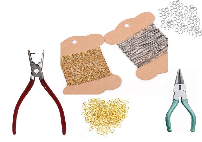CRAFTS HAVELI Combo of Link Anchor Chain Sitara SilverGolden 5 Mtr Jump Ring Round Nose Hole Punch Plier - Image 1