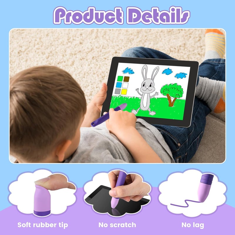 Pinsit 2Pcs Kids Stylus Pen for ipad, Stylus for Kids with Tethers, Anti-Rolling Tablet Stylus for Kids Compatible with iPad, iPhone, Tablets, Kindle and All Touch Screen Devices, Blue+Purple - Image 3
