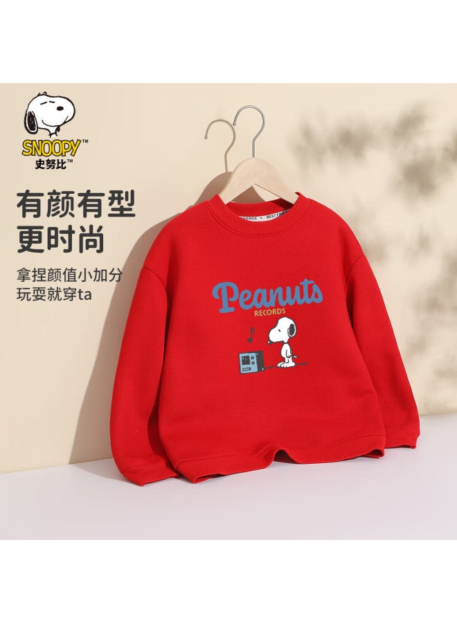 Snoopy Children's Clothing, Kids' Fleece-lined Sweatshirt, Thick Warm Top, Red New Year Outfit, Winter Radio Snoopy, Bright Red
