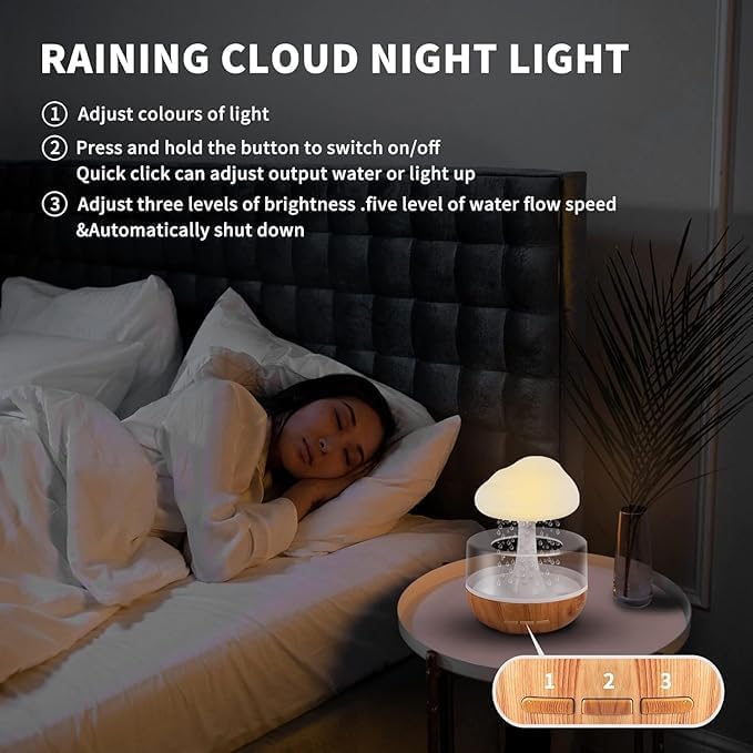 GAMAHA House Rain Cloud Humidifier Water Drops Mushroom 7 Colours Sound of Water Drops Essential Oil Diffuser USB Night Light Aromatherapy Rain Cloud Diffuser for a Relaxing Mood - Image 5