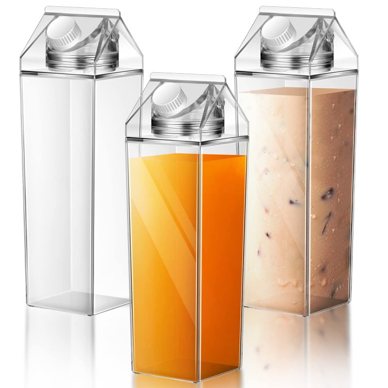 Remerry 3 Pcs 34oz Milk Carton Water Bottle Square Plastic Coffee Portable Reusable Milk Carton Cup Leakproof Juice Bottle(Clear) - Image 1