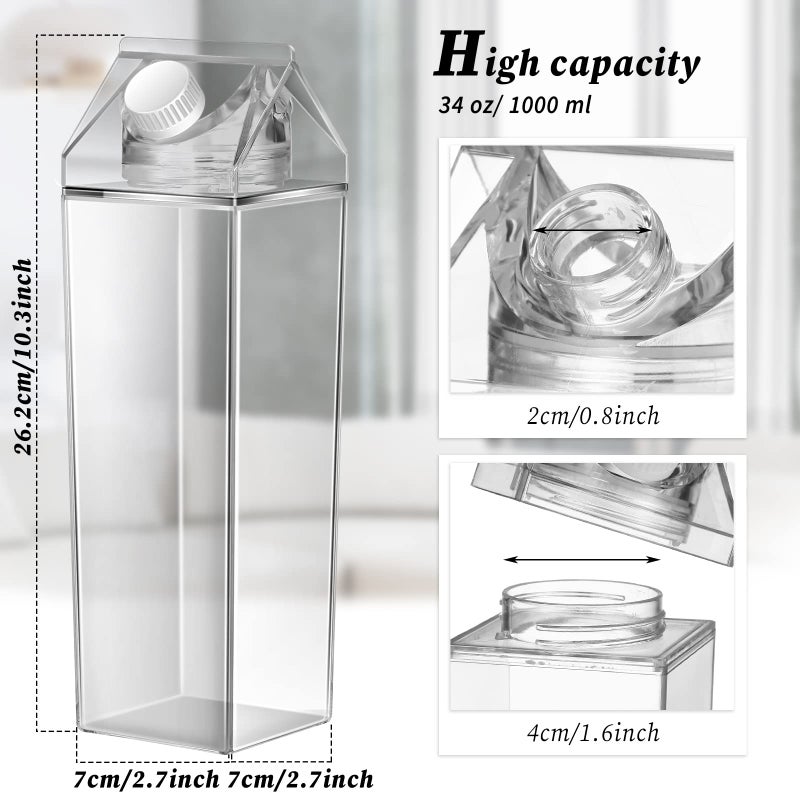 Remerry 3 Pcs 34oz Milk Carton Water Bottle Square Plastic Coffee Portable Reusable Milk Carton Cup Leakproof Juice Bottle(Clear) - Image 2