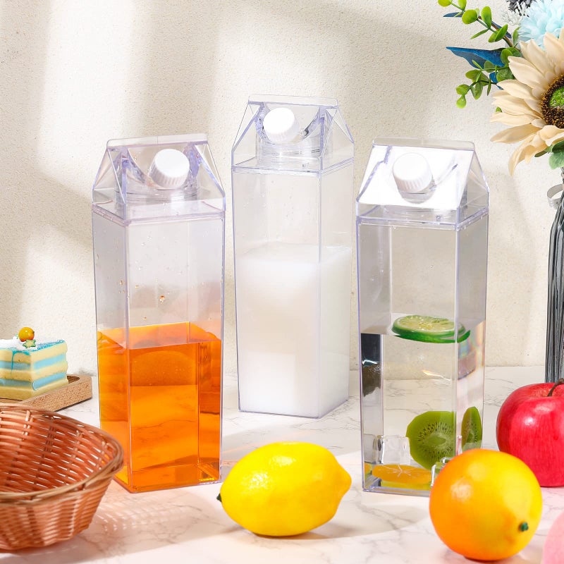 Remerry 3 Pcs 34oz Milk Carton Water Bottle Square Plastic Coffee Portable Reusable Milk Carton Cup Leakproof Juice Bottle(Clear) - Image 5