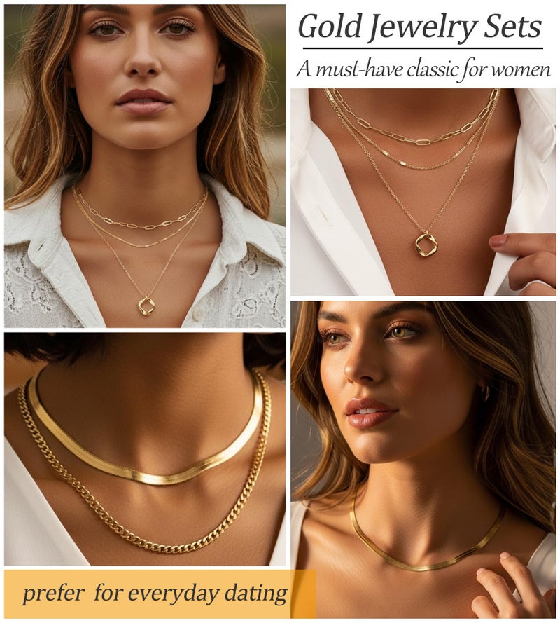 YEEZII 56 Pcs Gold Jewelry Sets for Women with 5Pcs Layered Necklace, 5Pcs Layered Necklace, 12 Bracelets, 4 Hoop Earrings, 8 Stackable Rings, 10 hairpins, 12 Studs Earrings Jewerly set for Women - Image 3