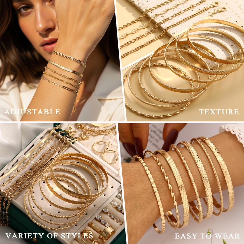 YEEZII 56 Pcs Gold Jewelry Sets for Women with 5Pcs Layered Necklace, 5Pcs Layered Necklace, 12 Bracelets, 4 Hoop Earrings, 8 Stackable Rings, 10 hairpins, 12 Studs Earrings Jewerly set for Women - Image 4