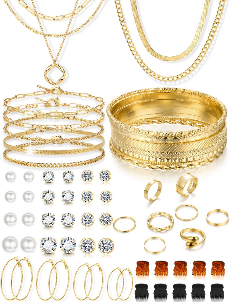 YEEZII 56 Pcs Gold Jewelry Sets for Women with 5Pcs Layered Necklace, 5Pcs Layered Necklace, 12 Bracelets, 4 Hoop Earrings, 8 Stackable Rings, 10 hairpins, 12 Studs Earrings Jewerly set for Women - Image 1