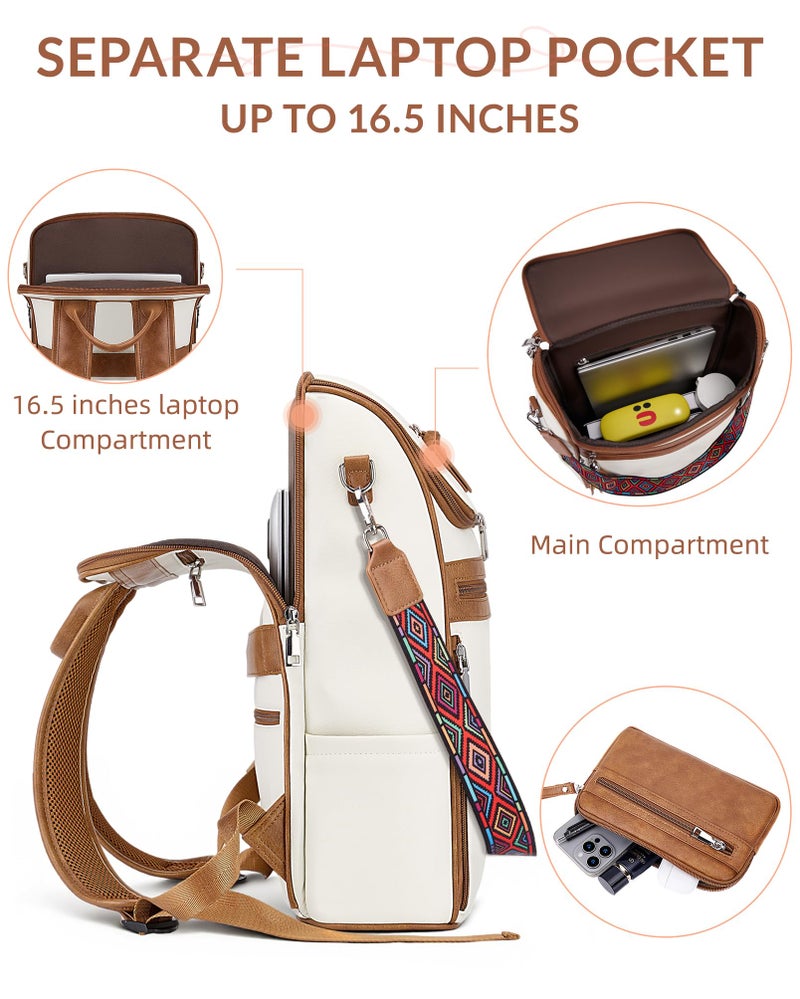 SYTRAH Leather Laptop Backpack for Women Designer Laptop Bag, 16.5 inch Travel Computer Backpacks Purse with Tassel for Work Business with Satchel Purse Beige Brown - Image 5