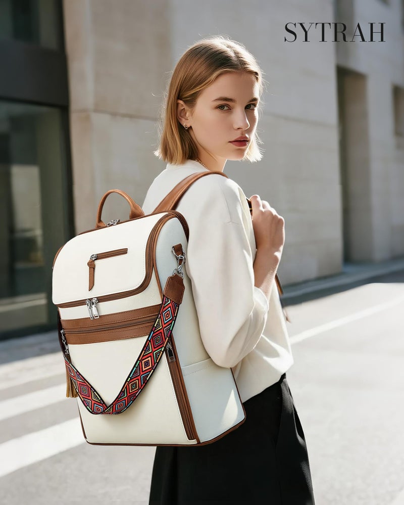 SYTRAH Leather Laptop Backpack for Women Designer Laptop Bag, 16.5 inch Travel Computer Backpacks Purse with Tassel for Work Business with Satchel Purse Beige Brown - Image 3