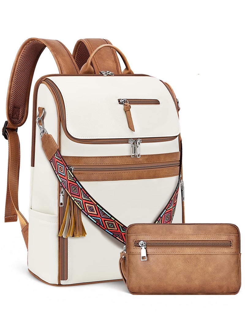 SYTRAH Leather Laptop Backpack for Women Designer Laptop Bag, 16.5 inch Travel Computer Backpacks Purse with Tassel for Work Business with Satchel Purse Beige Brown - Image 1