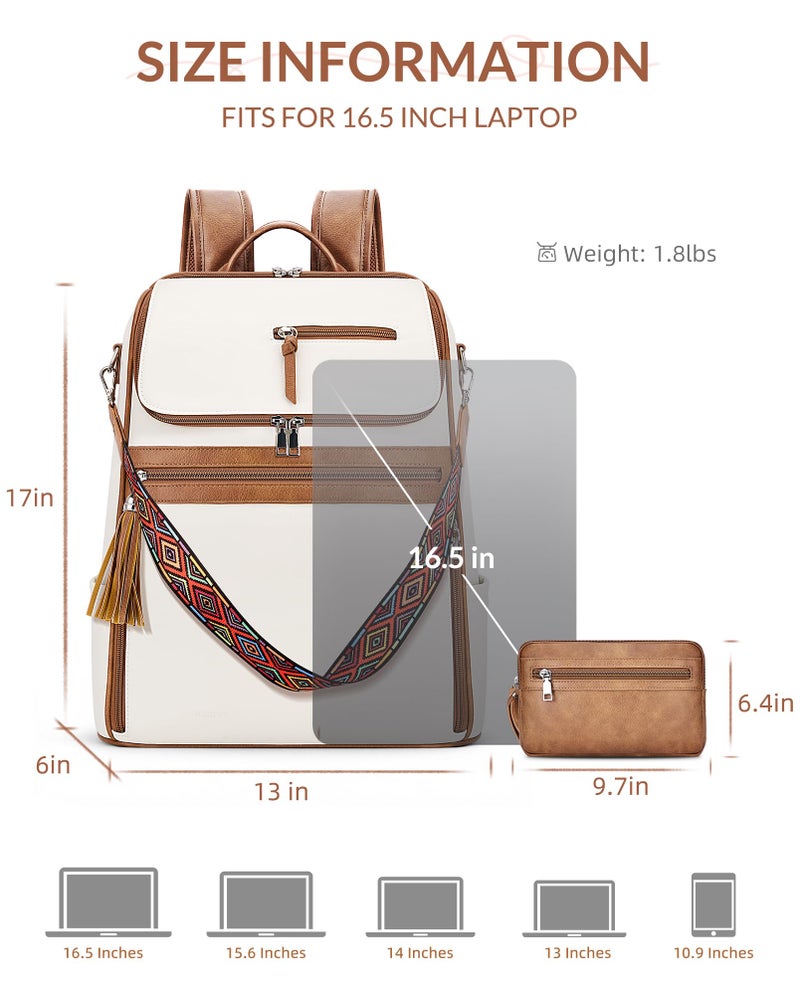 SYTRAH Leather Laptop Backpack for Women Designer Laptop Bag, 16.5 inch Travel Computer Backpacks Purse with Tassel for Work Business with Satchel Purse Beige Brown - Image 4