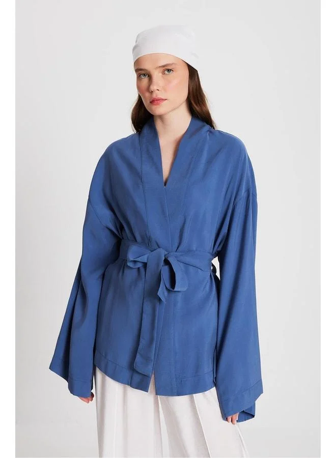 mina aise Women's Indigo Oversized 100% Modal Buttoned Kimono Jacket 29146.