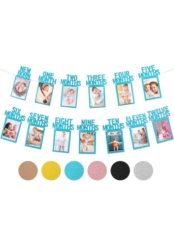 Whaline 1st Birthday Baby Photo Banner for Newborn to 12 Months, Monthly Milestone Photograph Bunting Garland, First Birthday Celebration Decoration (Blue) - Image 1