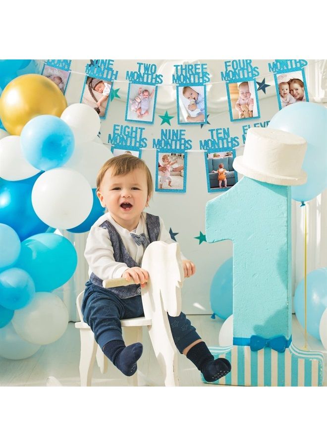 Whaline 1st Birthday Baby Photo Banner for Newborn to 12 Months, Monthly Milestone Photograph Bunting Garland, First Birthday Celebration Decoration (Blue) - Image 4