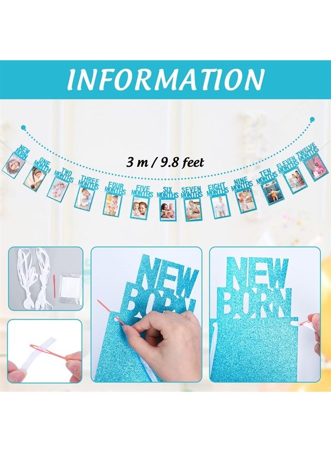 Whaline 1st Birthday Baby Photo Banner for Newborn to 12 Months, Monthly Milestone Photograph Bunting Garland, First Birthday Celebration Decoration (Blue) - Image 3