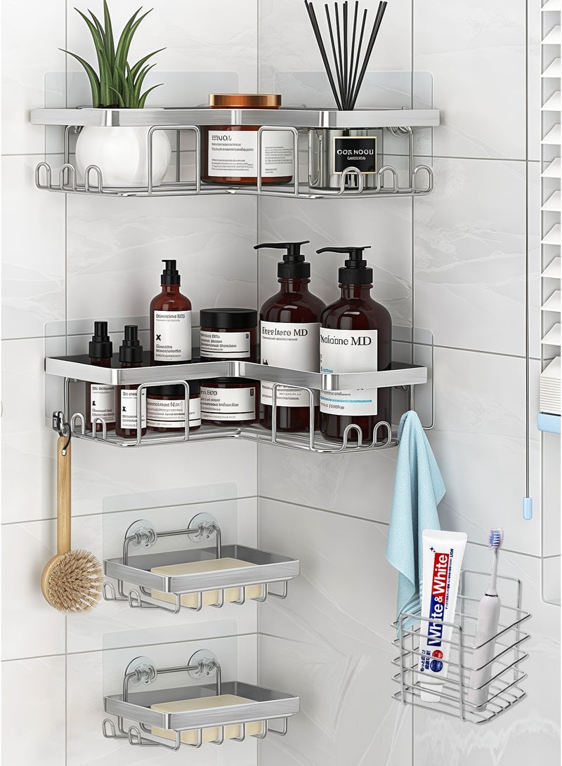 وين هولدر منظم حمام 5 قطع، رف تخزين لاصق بدون حفر، سعة كبيرة، مصنوع من ستانلس ستيل مقاوم للصدأ مع 4 خطافات، رف دوش للاستخدام داخل الحمام – فضي - Image 1