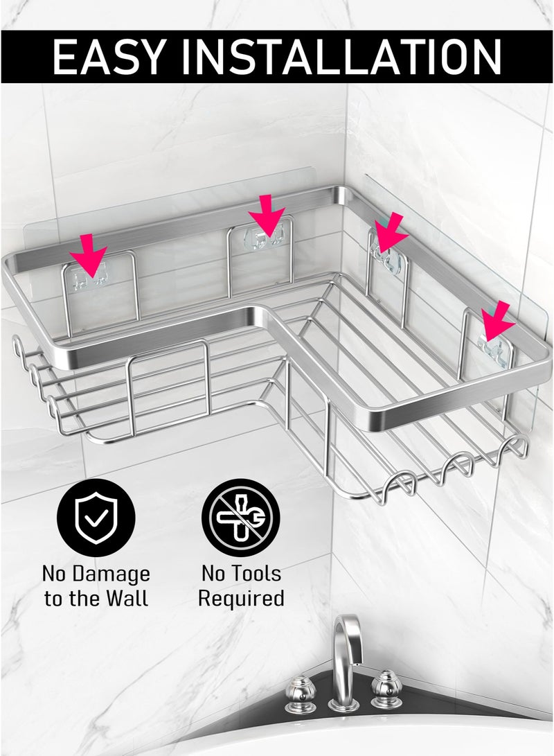 وين هولدر منظم حمام 5 قطع، رف تخزين لاصق بدون حفر، سعة كبيرة، مصنوع من ستانلس ستيل مقاوم للصدأ مع 4 خطافات، رف دوش للاستخدام داخل الحمام – فضي - Image 5