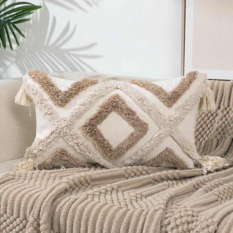 RinRinfam Boho Tufted Lumbar Throw Pillow Cover 12x 20 with Tassels, Modern Geometric Farmhouse Neutral Pillow Cushion Cases, Decorative Pillows for Bed, Outdoor Couch Bedroom Car Cream Khaki - Image 1