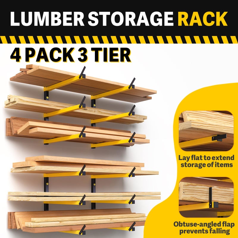GREENER Lumber Storage Rack Folding Wood Storage Racks Wall-Mounted Metal Racks for Storage with 3-Level Heavy Duty Garage Wood Organizer for Woodworking Shop Indoor & Outdoor Use, 4 pairs,Yellow - Image 4