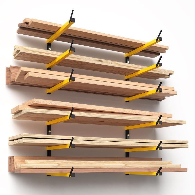 GREENER Lumber Storage Rack Folding Wood Storage Racks Wall-Mounted Metal Racks for Storage with 3-Level Heavy Duty Garage Wood Organizer for Woodworking Shop Indoor & Outdoor Use, 4 pairs,Yellow - Image 2