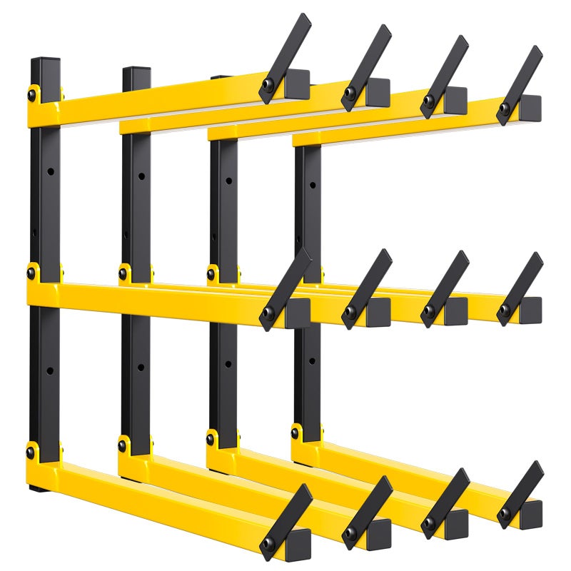 GREENER Lumber Storage Rack Folding Wood Storage Racks Wall-Mounted Metal Racks for Storage with 3-Level Heavy Duty Garage Wood Organizer for Woodworking Shop Indoor & Outdoor Use, 4 pairs,Yellow - Image 1