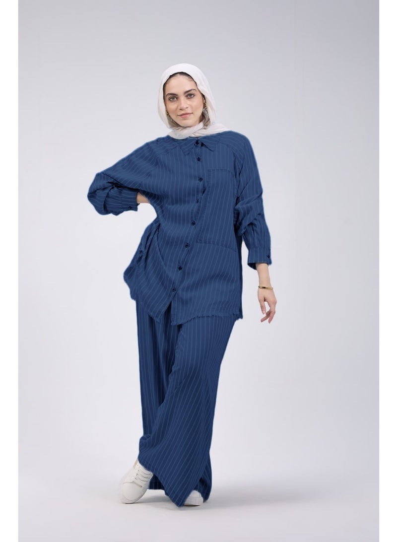 Ship Master Women's Loose Fit Casual Two-Piece Set – Navy Blue Denim Fabric, Comfortable & Stylish  - Image 1