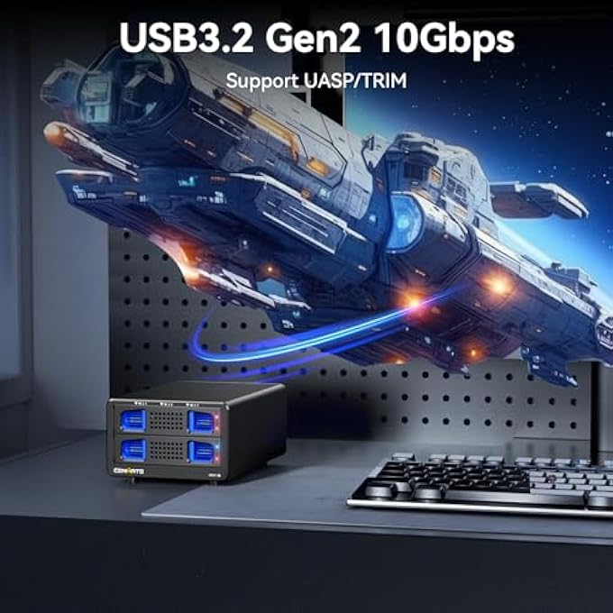 rayihni حاوية هجينة 1*3.5 HDD + 3*M.2 NVME مع مروحة لـ 2.5/3.5" SATA HDD/SSD و 2230/42/60/80/110 مع كابل USB A/C 3.2 جين 2، تدعم حاوية القرص الصلب 46TB (22TB HDD + 3*8TB M.2 SSD) - Image 3