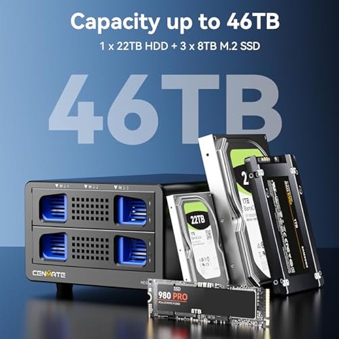 rayihni حاوية هجينة 1*3.5 HDD + 3*M.2 NVME مع مروحة لـ 2.5/3.5" SATA HDD/SSD و 2230/42/60/80/110 مع كابل USB A/C 3.2 جين 2، تدعم حاوية القرص الصلب 46TB (22TB HDD + 3*8TB M.2 SSD) - Image 2