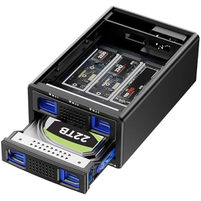 rayihni حاوية هجينة 1*3.5 HDD + 3*M.2 NVME مع مروحة لـ 2.5/3.5" SATA HDD/SSD و 2230/42/60/80/110 مع كابل USB A/C 3.2 جين 2، تدعم حاوية القرص الصلب 46TB (22TB HDD + 3*8TB M.2 SSD) - Image 1