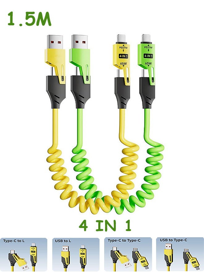 Gecomo 4-in-1 Coiled USB C Cable, 65W Spring Fast Charging Cable, 1.5m Coiled Retractable Cable for iPhone Samsung Laptop - Image 1