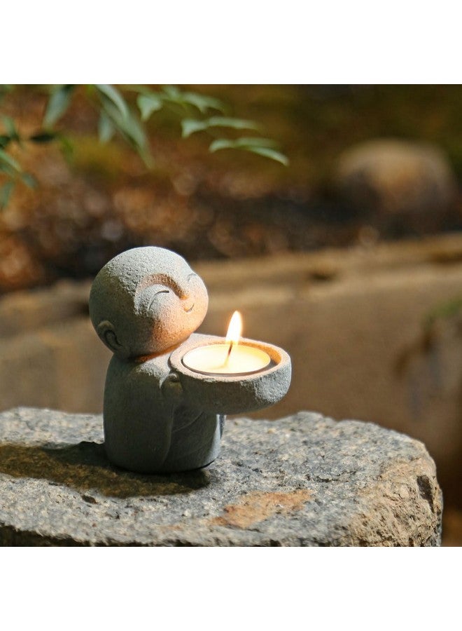 HYFAN Small Sandstone Buddha Statue Zen Monk Sculpture Candle Holder Figurine Imitation Bluestone Design Praying Ornament Home Office Feng Shui Decor for Bringing Good Luck Wealth (Jizo Monk) - Image 3