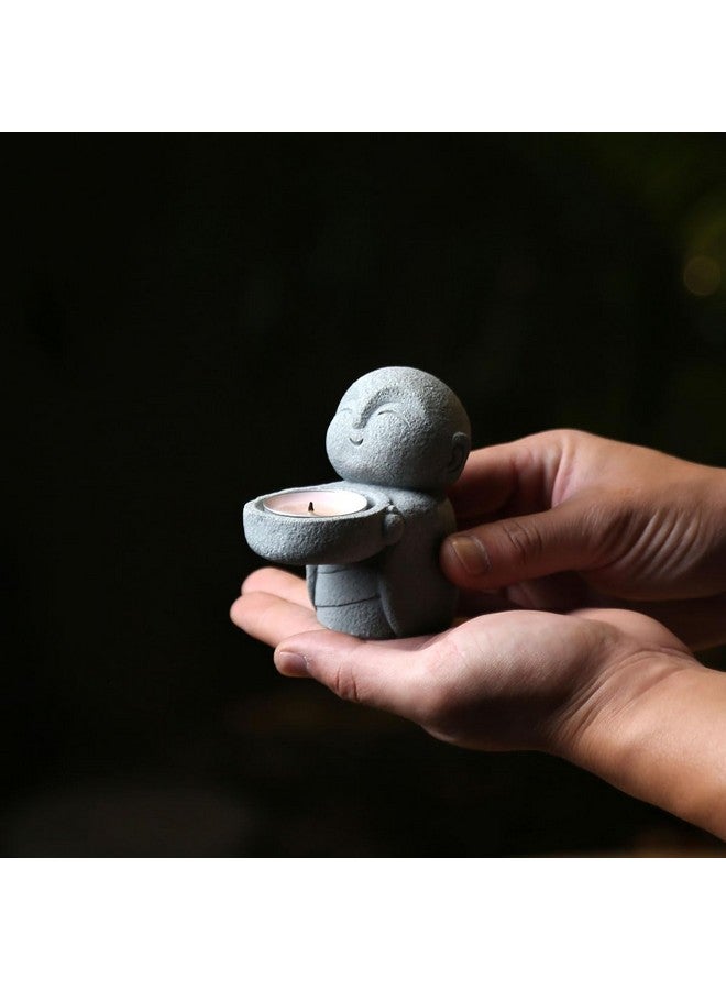 HYFAN Small Sandstone Buddha Statue Zen Monk Sculpture Candle Holder Figurine Imitation Bluestone Design Praying Ornament Home Office Feng Shui Decor for Bringing Good Luck Wealth (Jizo Monk) - Image 2